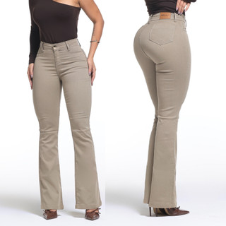Calça Feminina Flare Pantalona Bege Jeans Premium Empina Bumbum Boca de Sino Cos Alto Com…