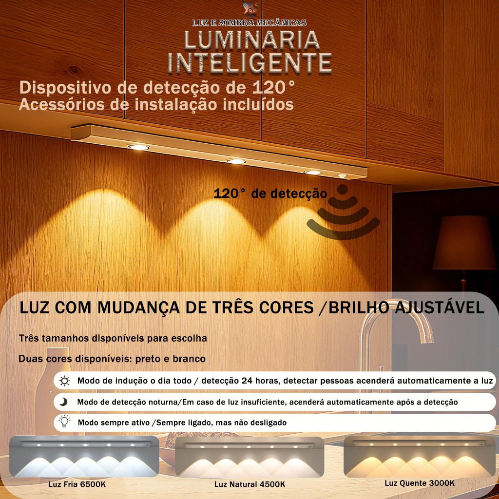 Luz LED Ultra Fina com Sensor PIR Recarregável para Armário 20/40/60cm, 3 Cores (Branco/Quente/Natural), Sem Fio e USB em Oferta na Shopee