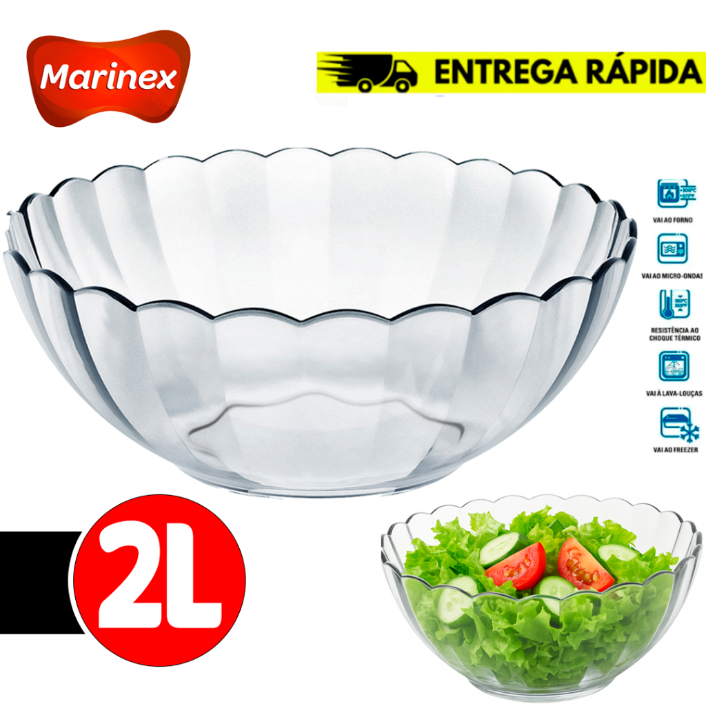Tigela Bella Marinex 2L Vidro Reforçado | Saladeira Média p/ Jantar Sobremesa Receitas Restaurante