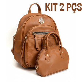 Kit 2 Peças Mochila Grenobil Feminina + Bolsa de Mão Caramelo Matelassê Caramelo Escolar/Passeio e Bolsinha