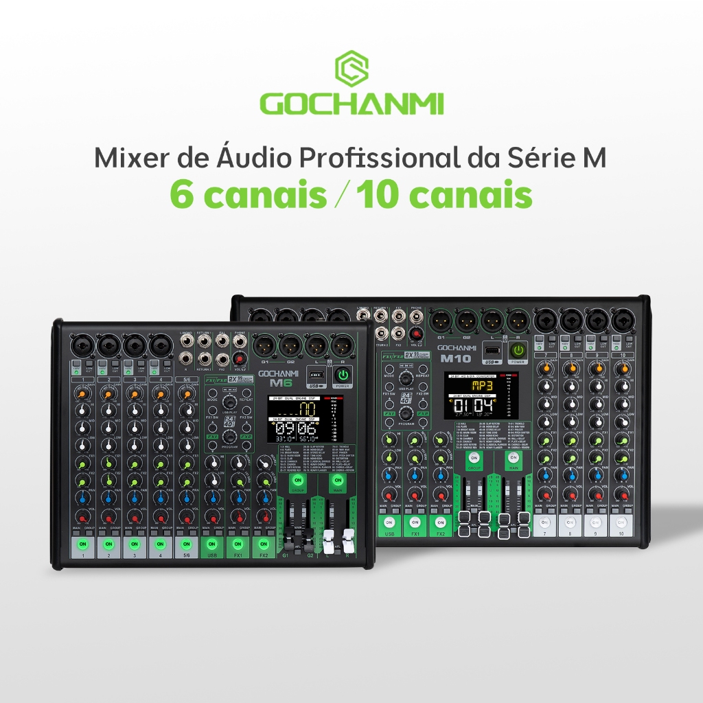 Mesa de Som Gochanmi M6/M10, 6 Canais/10 Canais com 2×99 Efeitos DSP DJ Mixer mesa som Automotiva Bluetooth +48V 110/220 em Oferta na Shopee