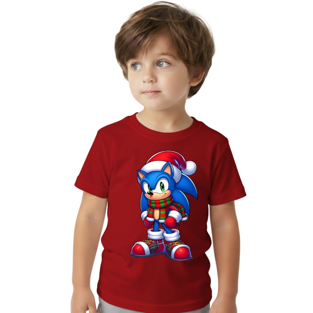 Camiseta Infantil Menino Estampada Sonic Natal Algodão Macio Lançamento Crianças Desenho