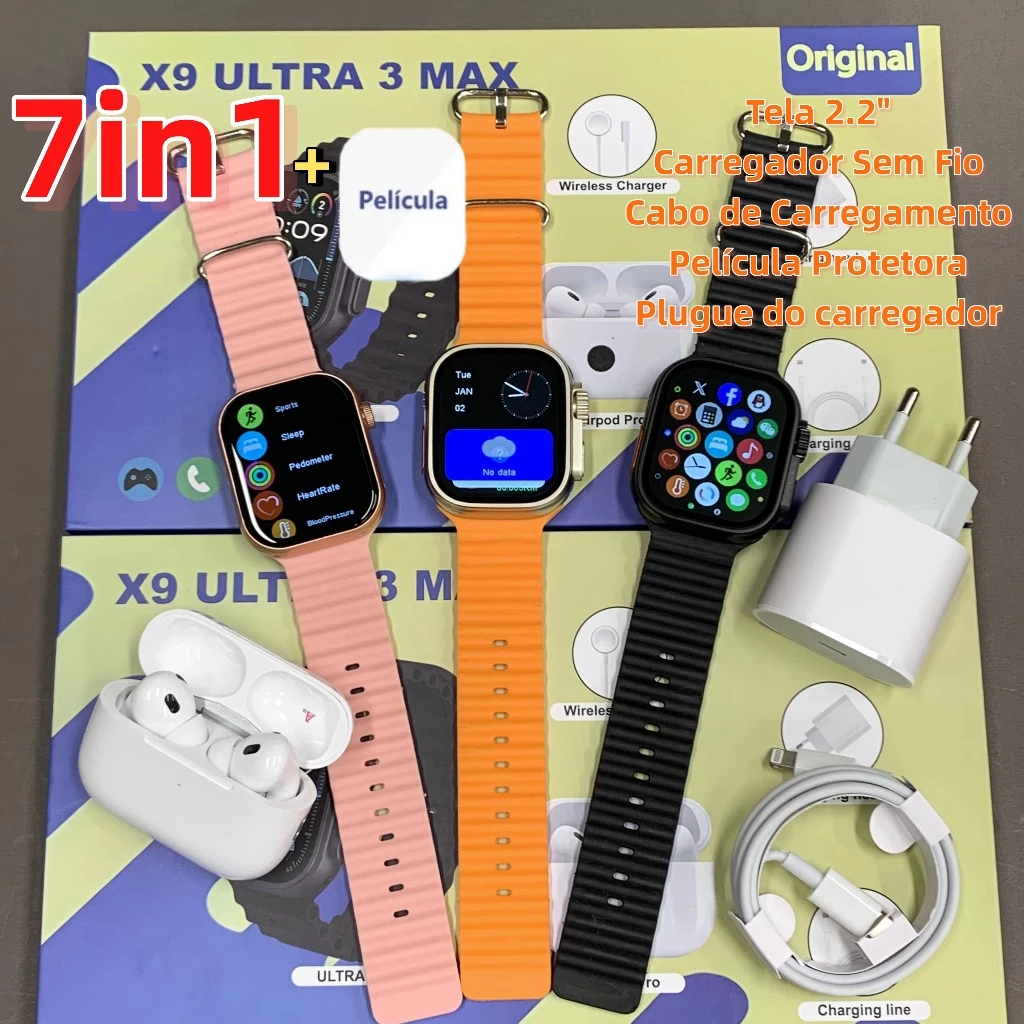 Smartwatch 2026 Novo X9 Ultra3 MAX 2.2 Polegadas Para iOS e Android Completo 7 em 1 I15 TWS