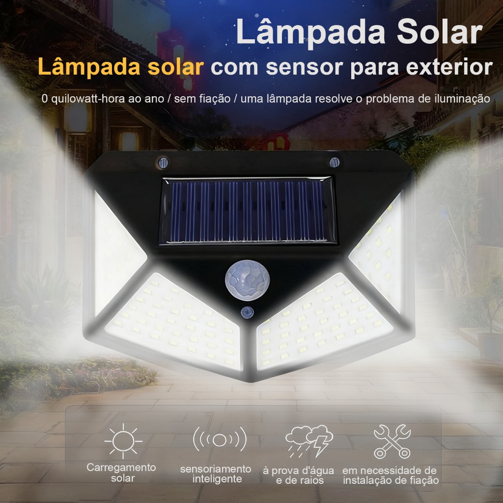 Luminária Solar com 100 LED e Sensor, Iluminação Externa Multifuncional À Prova D'Água para Jardim