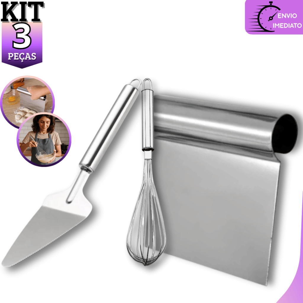 Kit 3 Peças Espátula Tubular Batedor de Ovos e Espátula Para Cortar Bolos Multiuso Aço Inox Premium em Oferta na Shopee