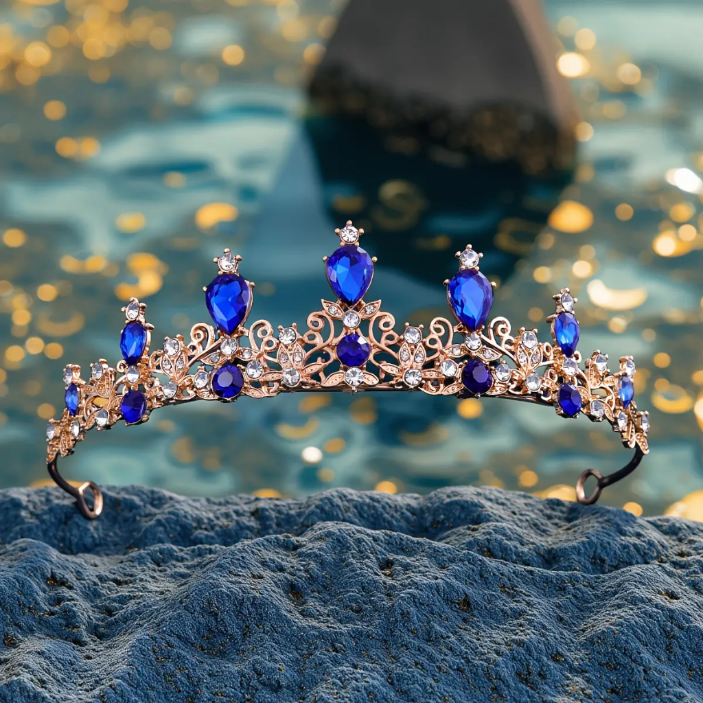 Tiara de Princesa AZUL ROYAL COM DOURADO em Cristais Artificiais Azuis e Transparentes