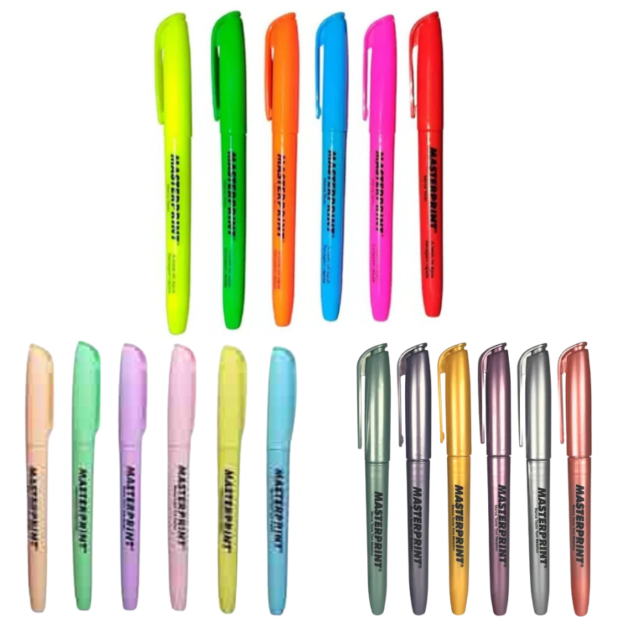 18 canetas  Marca Texto 6 Metálico + 6 Neon + 6 Pastel Masterprint - ÓTIMA QUALIDADE! em Oferta na Shopee