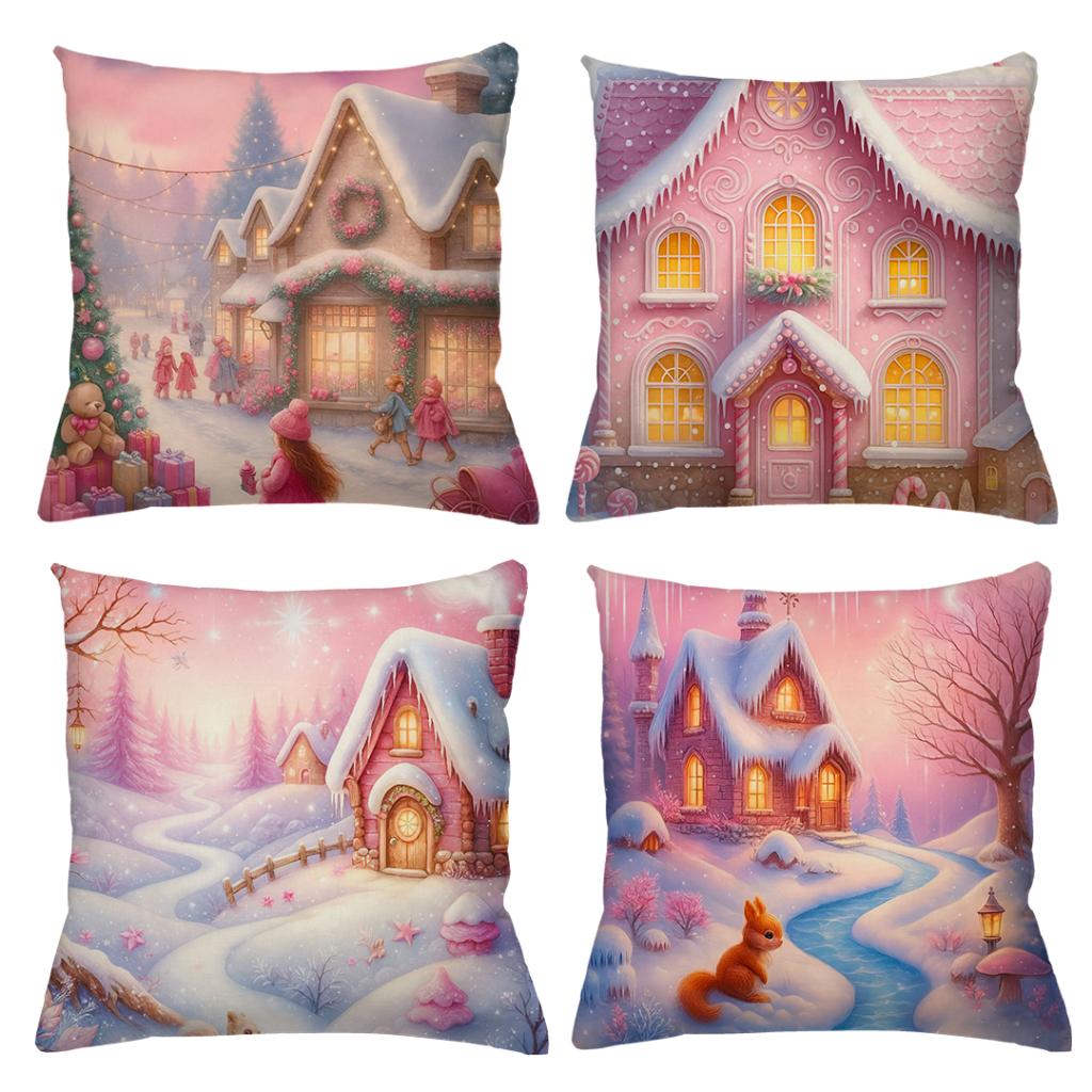 KIT 4 CAPAS DE ALMOFADAS DECORATIVAS NATAL PAPAI NOEL BONECO DE NEVE NATAL ENCANTADO ROSA  - TAMANHO 45X45