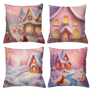 KIT 4 CAPAS DE ALMOFADAS DECORATIVAS NATAL PAPAI NOEL BONECO DE NEVE NATAL ENCANTADO ROSA  - TAMANHO 45X45