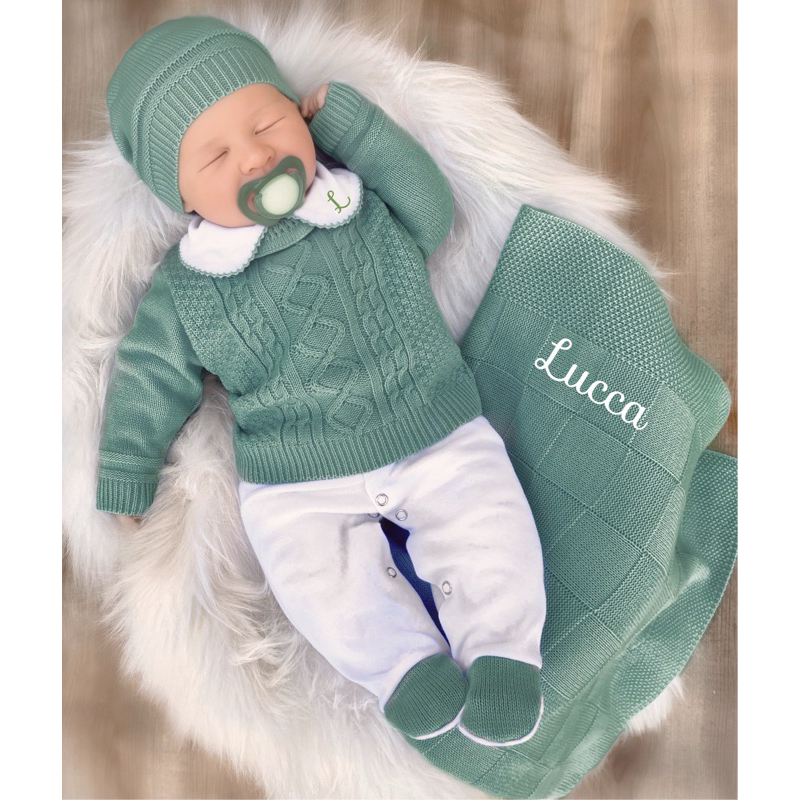 Saída de maternidade personalizada em tricô em Oferta na Shopee