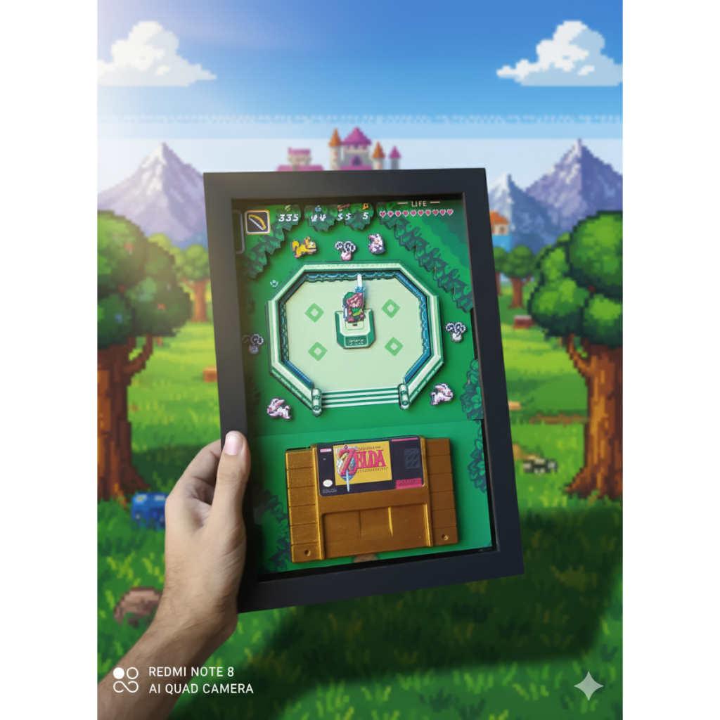 Quadro 3D The legend of zelda a link to past c/ Cartucho decorativo