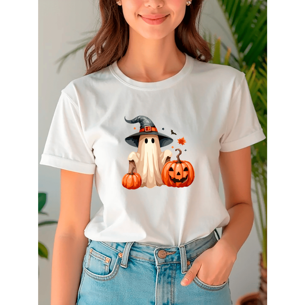 Camiseta Babylook Feminina Tshirt Halloween Fantasma Com Chapéu De Bruxa Aboboras Morcego 100% Algodão