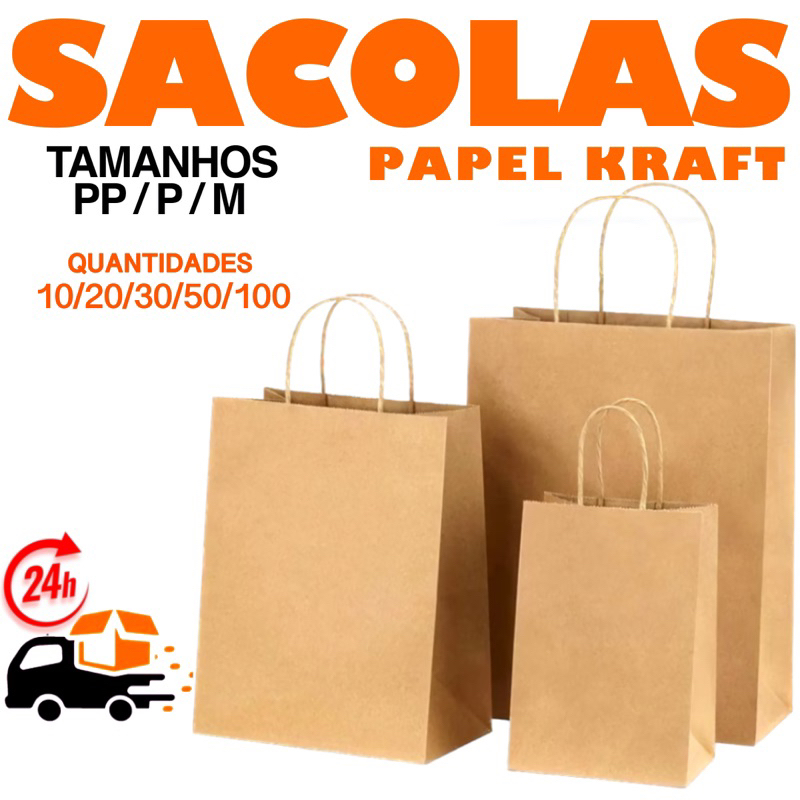 Sacola De Papel Kraft Natural com Alça PP/ P / M /G embalagem delivery festa aniversario presente lembrancinha em Oferta na Shopee