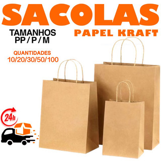 Sacola De Papel Kraft Natural com Alça PP/ P / M /G embalagem delivery festa aniversario presente lembrancinha