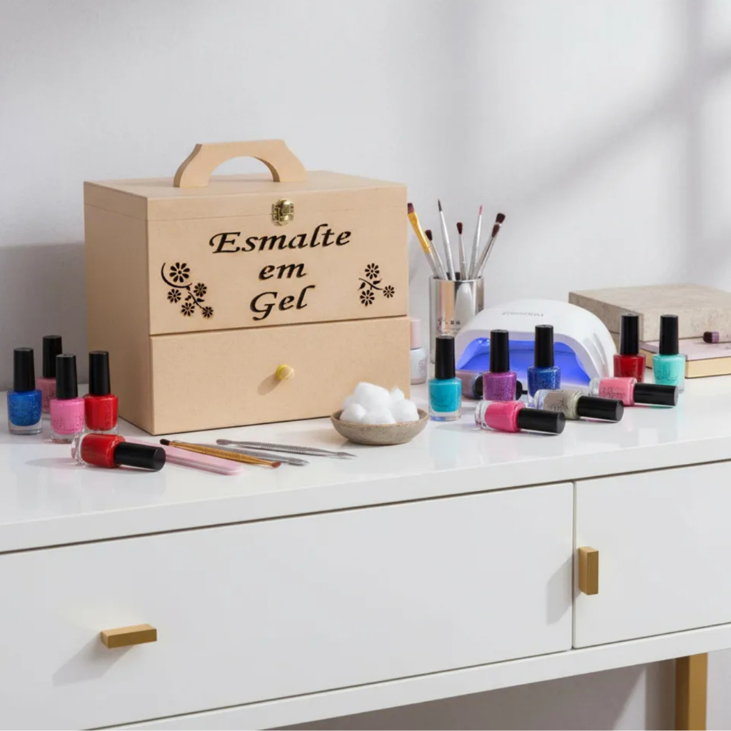 Caixa Organizadora Para Esmalte Maleta 120 Divisórias Em Mdf Com Gaveta