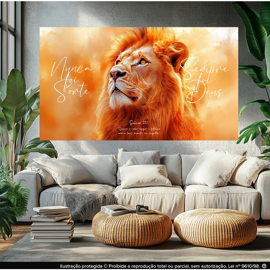 Quadro Decorativo Leão “Nunca Foi Sorte, Sempre Foi Deus” – Salmos 231  Arte Religiosa Moderna para Sala