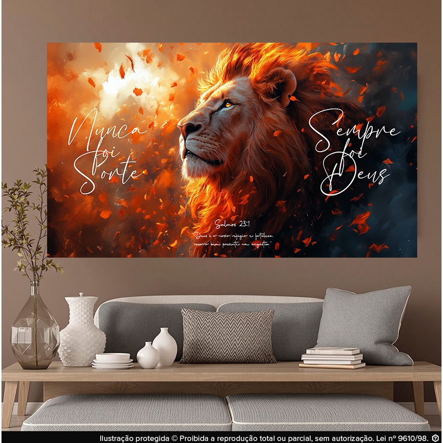 Quadro Decorativo Leão com Frase 'Nunca Foi Sorte Sempre Foi Deus' – Salmo 231 – Arte Religiosa Moderna com Fundo em Ton