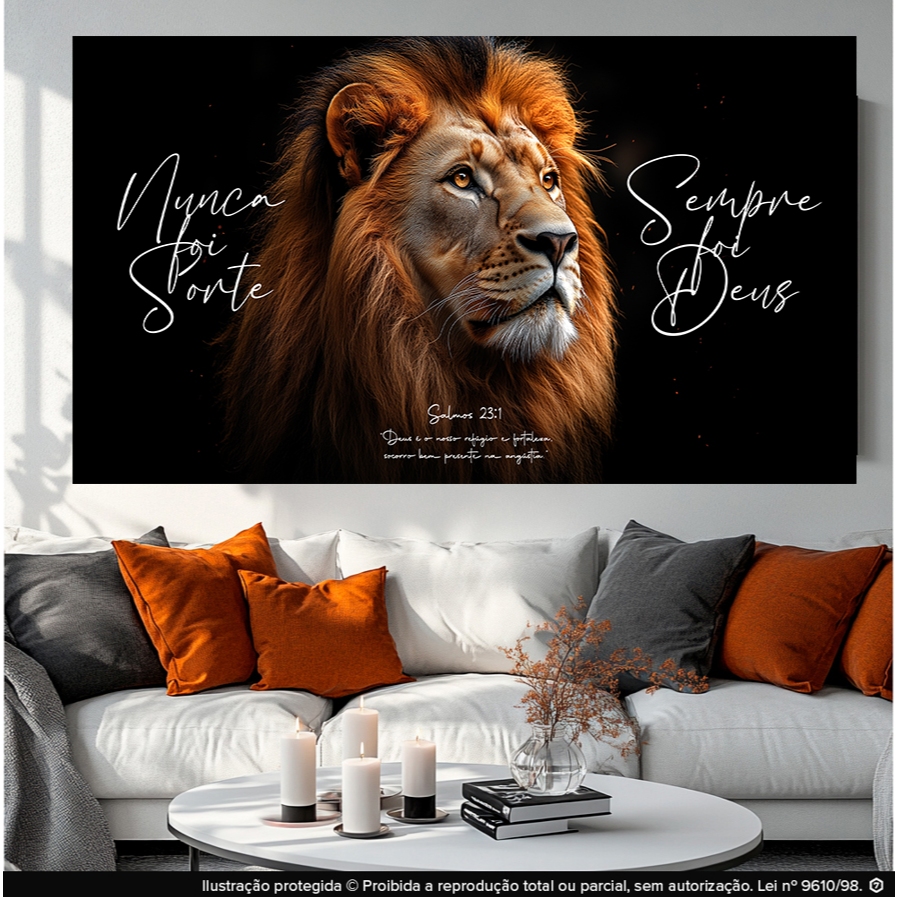 Quadro Decorativo Leão com Frase 'Nunca Foi Sorte Sempre Foi Deus' – Salmo 231 – Quadro Religioso para Sala Moderna