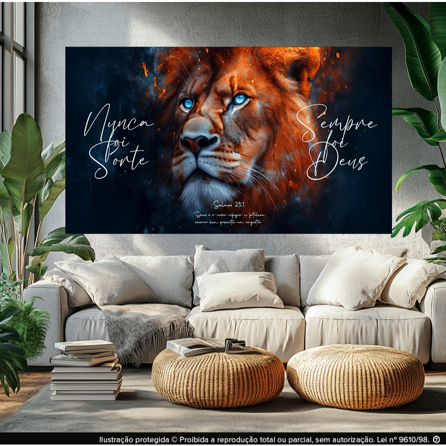 Quadro Decorativo Leão com Olhos Azuis e Frase 'Nunca Foi Sorte Sempre Foi Deus' – Salmo 231 – Arte Religiosa Moderna pa