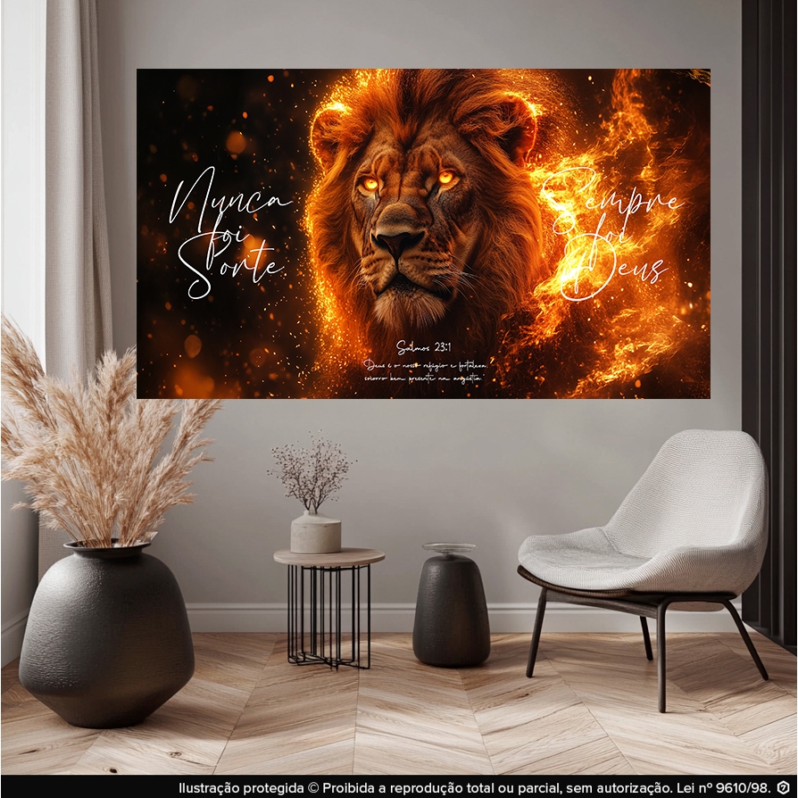 Quadro Decorativo Leão de Fogo com Frase 'Nunca Foi Sorte Sempre Foi Deus' – Salmo 231 – Arte Religiosa Moderna para Sal