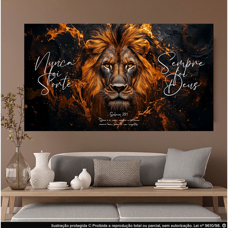 Quadro Decorativo Leão Dourado com Frase 'Nunca Foi Sorte Sempre Foi Deus' – Salmo 231 – Arte Religiosa para Sala Modern