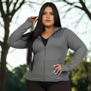 Jaqueta Fitness Feminina Plus Size Cinza Zíper Proteção Solar UV Manga Longa com Bolso e Encaixe de em Oferta na Shopee