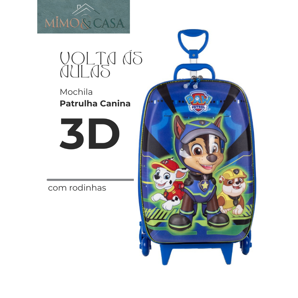 Mala Infantil Rodinhas Patrulha Canina 3D Resistente Leve Azul Garoto Menino