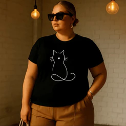 Camiseta Plus Size Feminina P Ao G5 Algodão 100% Estampada Gato Riscos Básica Casual Academia Verão