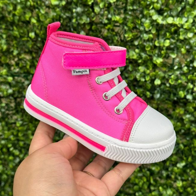 Tênis Cano Médio Pampili Mini Easy Lona Branco 730.002 - Pink Neon
