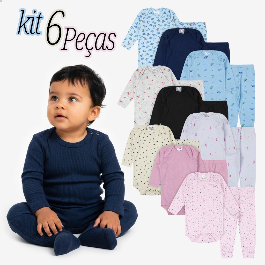 Kit 6 Peças Conjunto Body Bebê Manga Longa Calça Roupa Bebe Infantil Escolha Pelo Chat