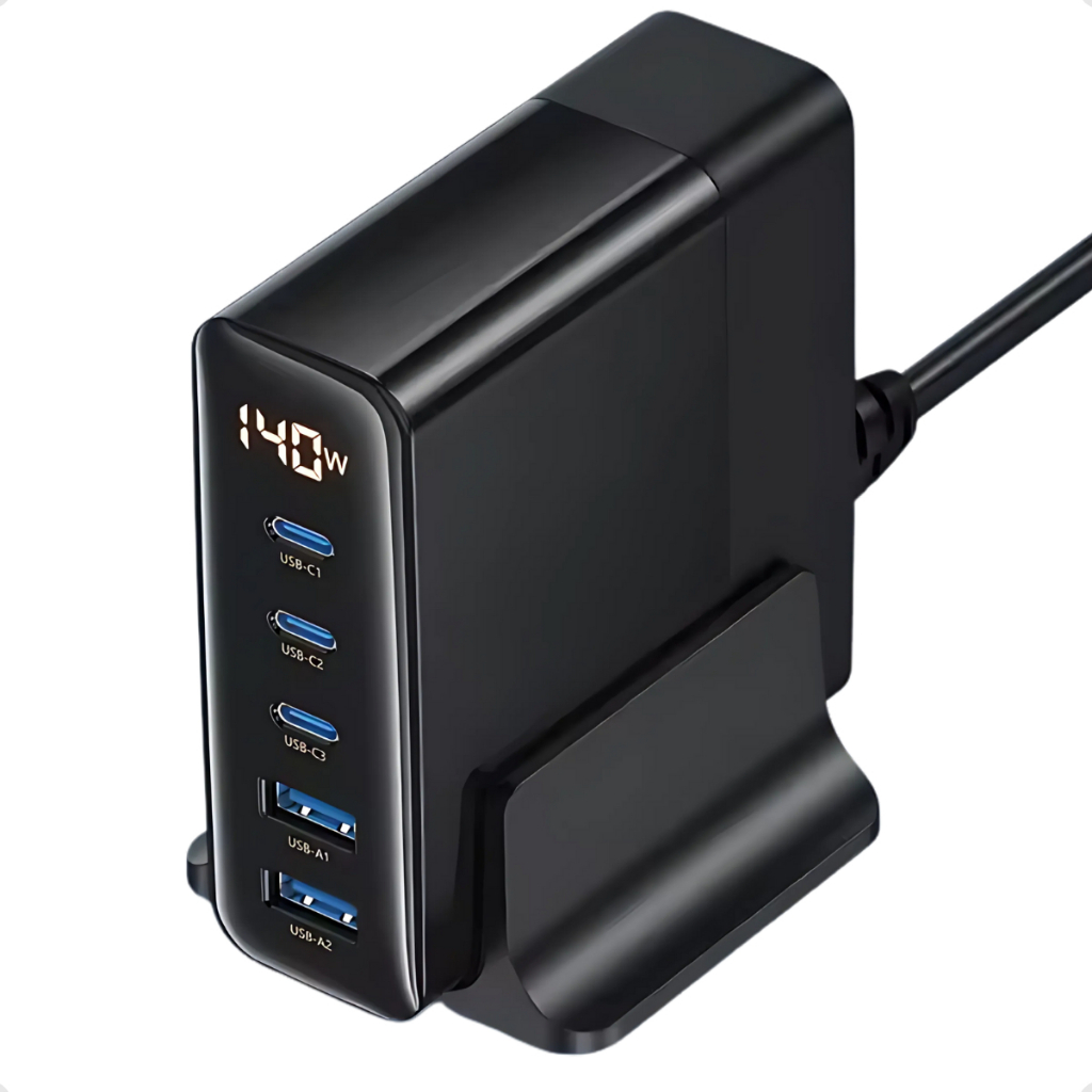 Estação Carregador Turbo 140w 5 Saídas Usb + Tipo-c Pd Preto