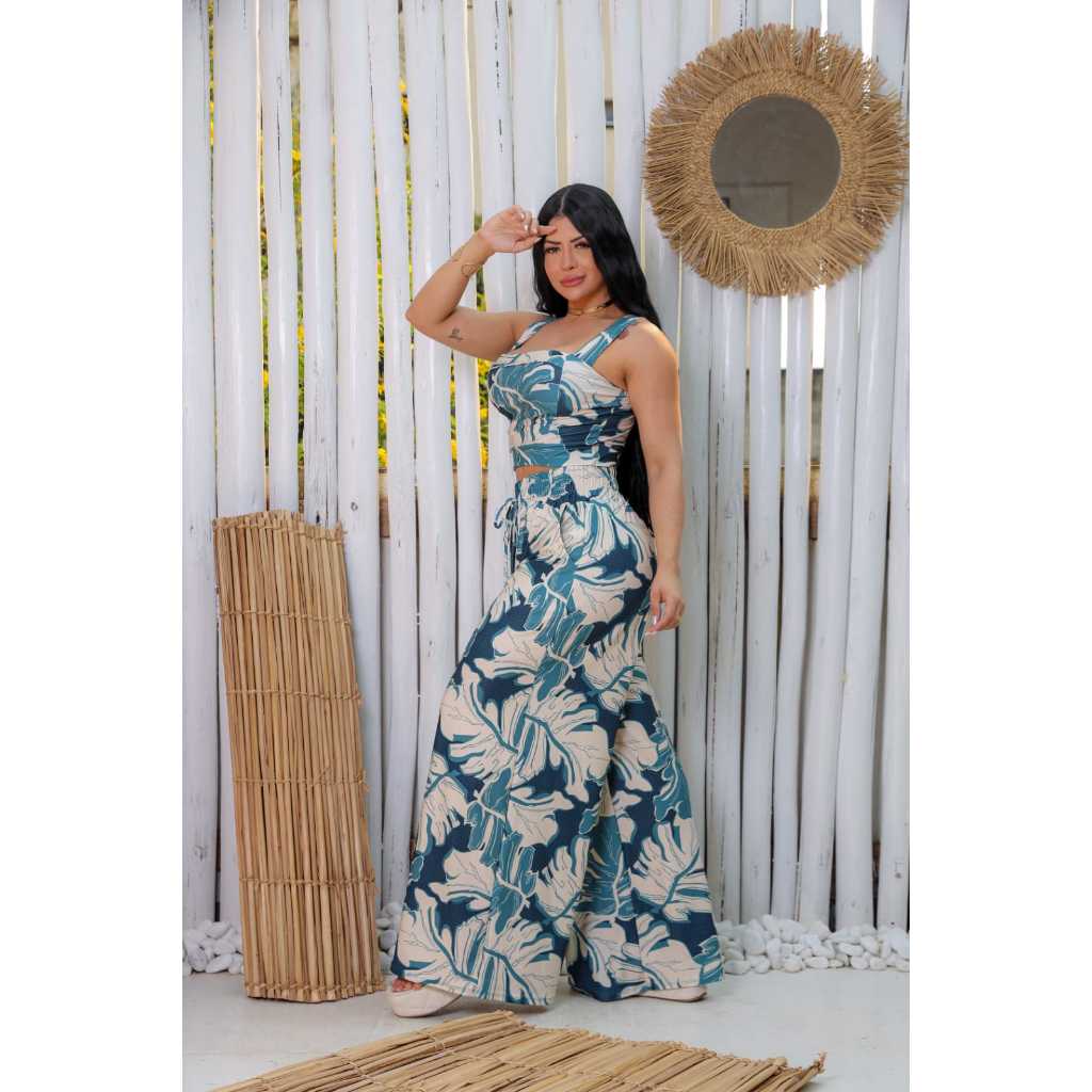 Conjunto Feminino Calça Pantalona e Regata Tecido Poliamida em Oferta na Shopee