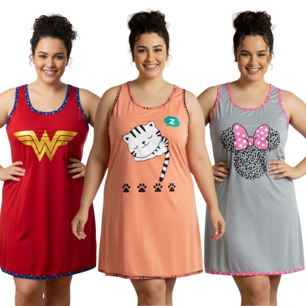 Camisola Regata Plus Size Personagem / Roupa de Dormir Plus Size / Camisão Plus Size em Oferta na Shopee