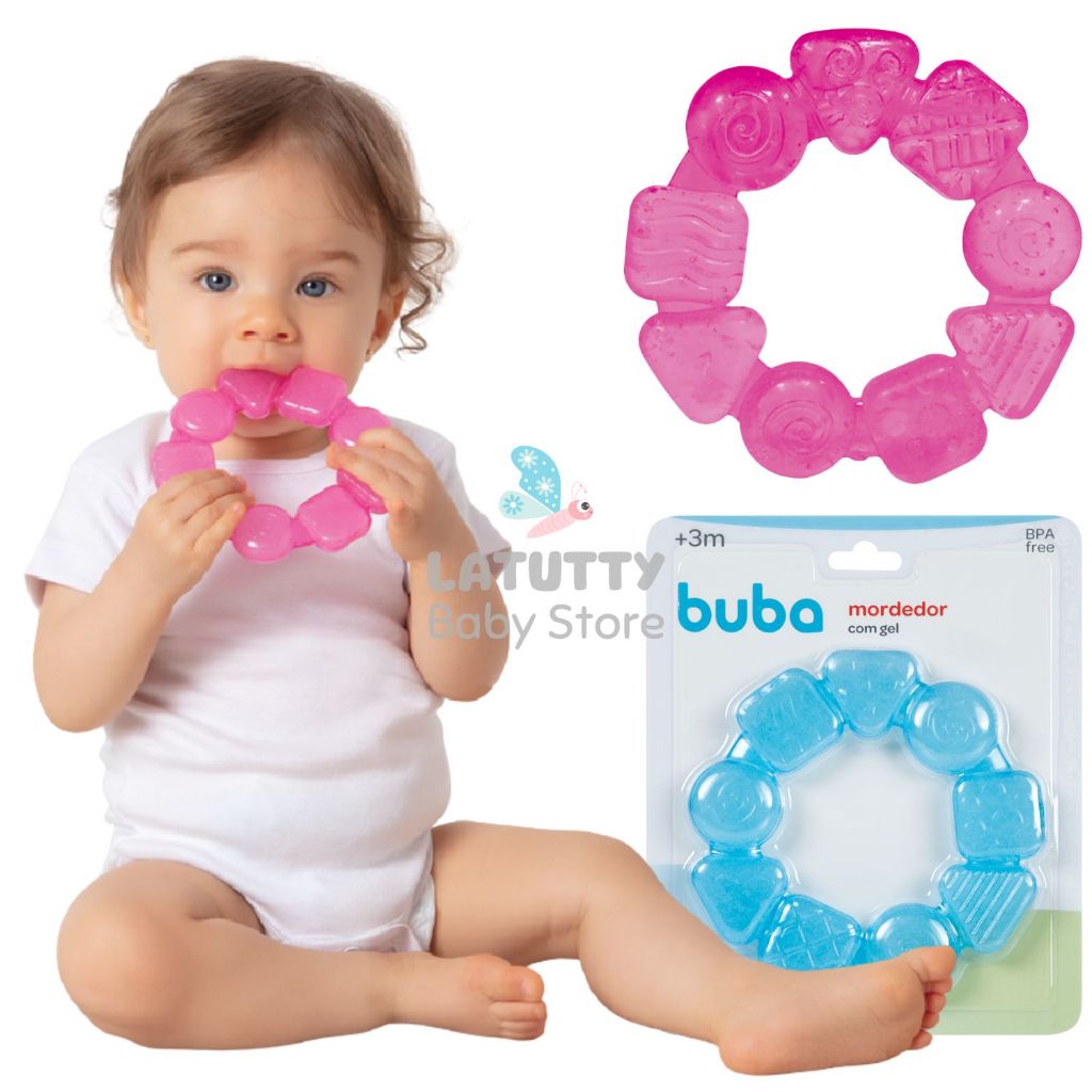 Mordedor em Gel Buba para Bebê Rosa Azul Massageia Gengiva Dor Dentição +3 Meses em Oferta na Shopee