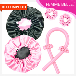 kit cetim touca cetim dupla face ajustável + modelador curling rod + scrunchies em Oferta na Shopee