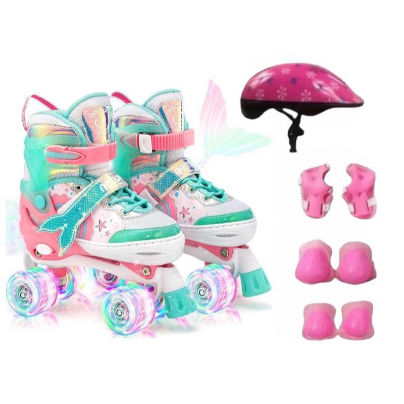 Patins Sereia Rosa Infantil 4 Rodas Regulável com luz de LED Com e Sem Kit de Segurança em Oferta na Shopee