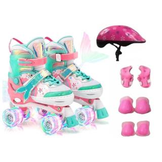 Patins Sereia Rosa Infantil 4 Rodas Regulável com luz de LED Com e Sem Kit de Segurança em Oferta na Shopee
