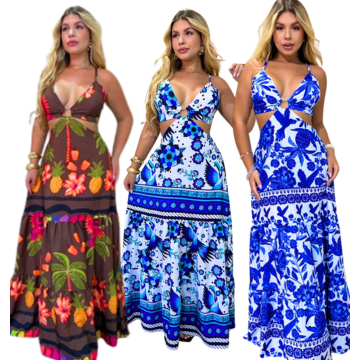 Vestido Longo Estampado Azul e Branco com Recorte Frontal e Argola