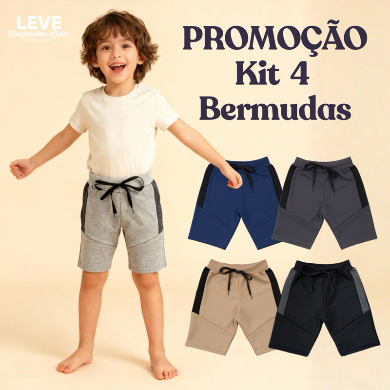 PROMOÇÃO Kit 4 Bermuda Shorts Infantil Moletom Moletinho Com Cadarço e Elástico Verão