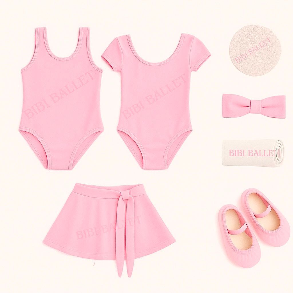 Kit Ballet Infantil - 7 itens/ *COM 2 COLLANTS* - (Saia de Transpassar e Collant Com Manga e Sem Manga) - ROSA BEBÊ