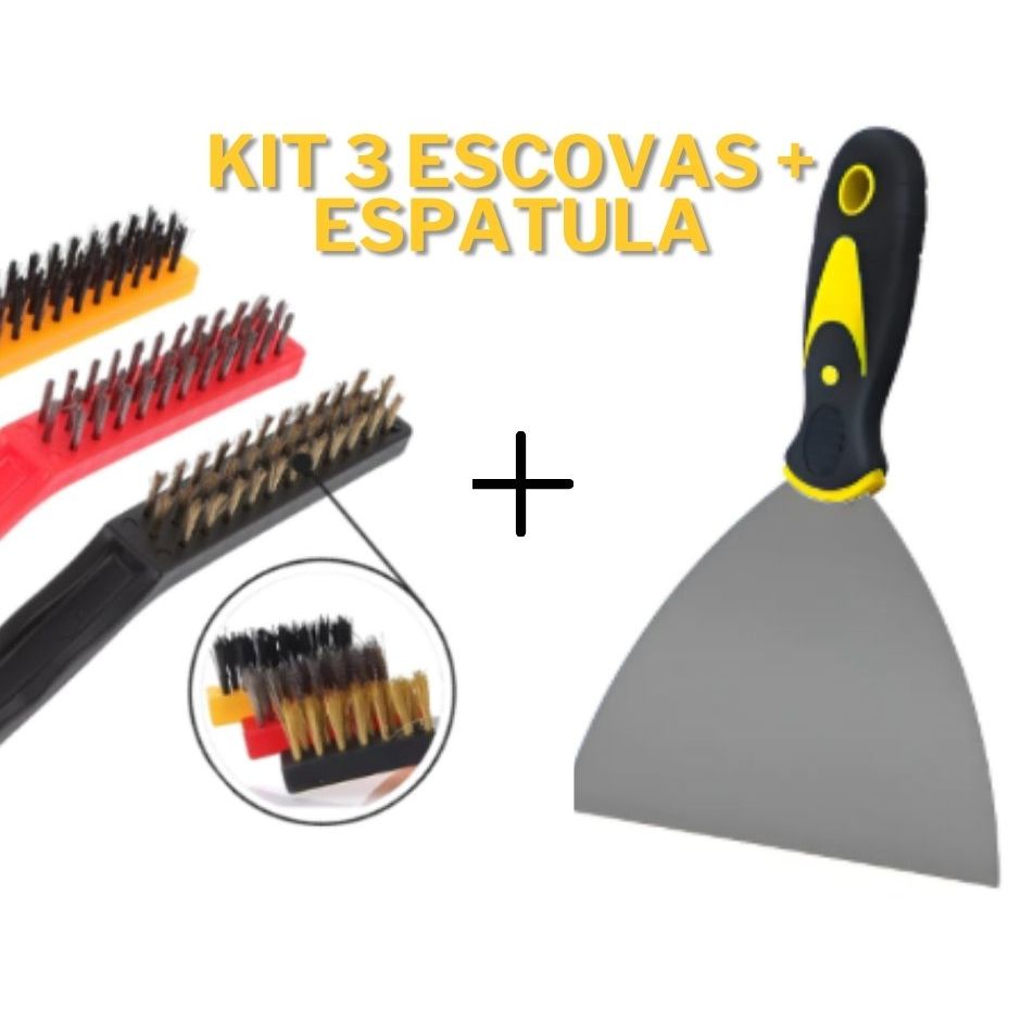 Escovas de Aço Multiuso Kit 3 Pcs Aço Latão Nylon Cabo Plástico