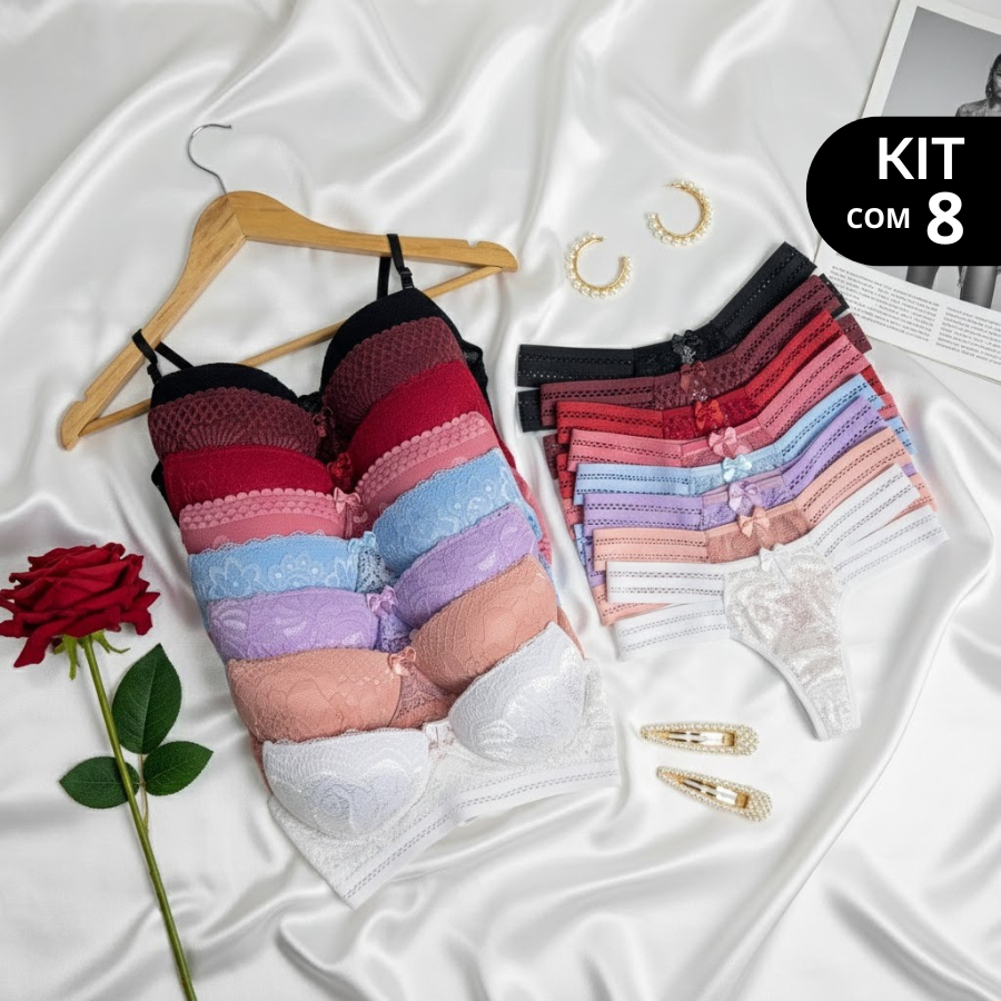 Kit 8 Conjuntos Diva Lingerie Renda Feminina Sutiã com Bojo e Aro Cropped Calcinha Tiras Conforto