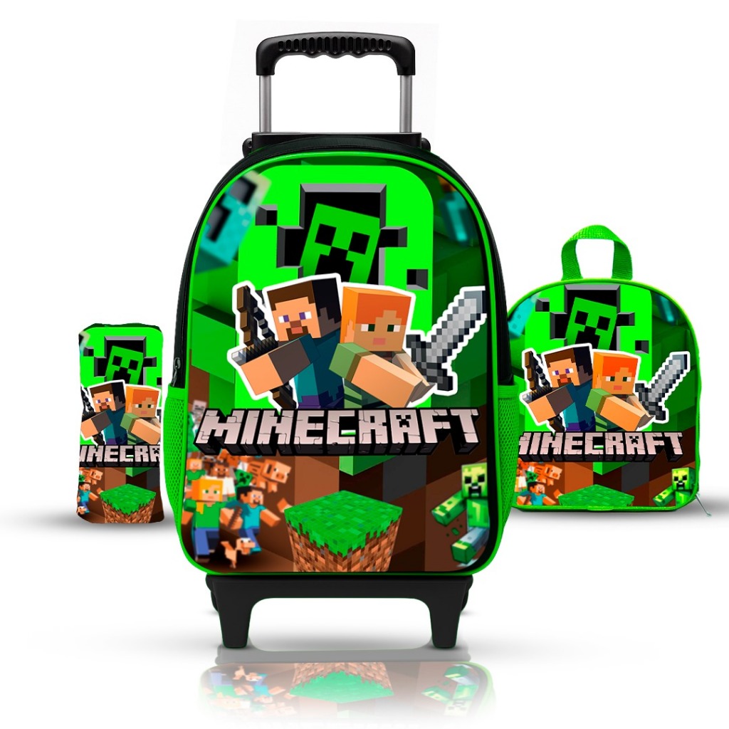 KIT Mochila Escolar Infantil Minecraft Menino de rodinhas com lancheira e estojo - Reforçada