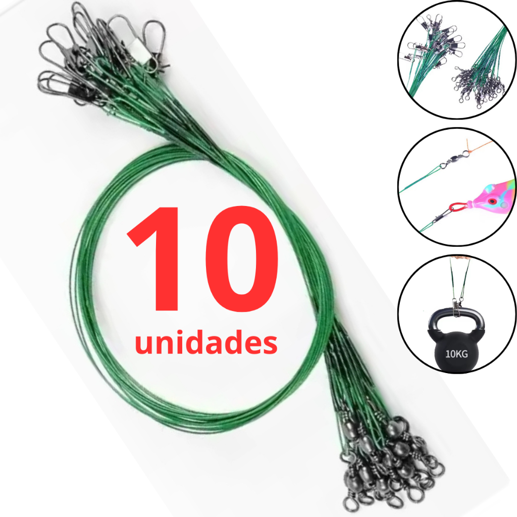 Kit Chicote Castor Cabo de Aço15, 20, 25, 30cm Girador e Snap Encastoado Leader Arame de Aço 10 Pçs