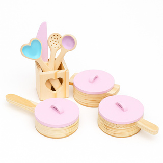 Kit Panelinhas e Utensílios de Cozinha Infantil em Madeira Rosa Brinquedo Educativo em Oferta na Shopee