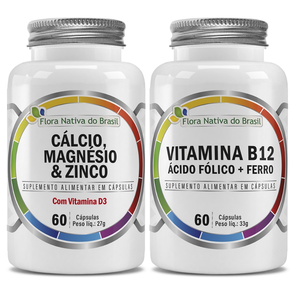 Kit Cálcio Zinco Magnésio Vitamina D3 60 Caps + Ferro Ácido Fólico Vitamina B12 Metilcobalamina 60 Caps