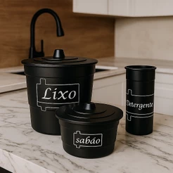CONJUNTO KIT PIA 3 PEÇAS LIXEIRA PORTA SABÃO E DETERGENTE - COZINHA ESTILO PREMIUM