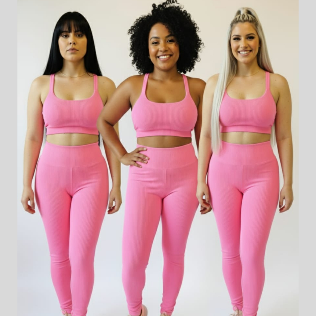 Conjunto Academia Canelado 3D Modela Corpo Legging Cintura Alta Sem Transparência Feminino Fitness