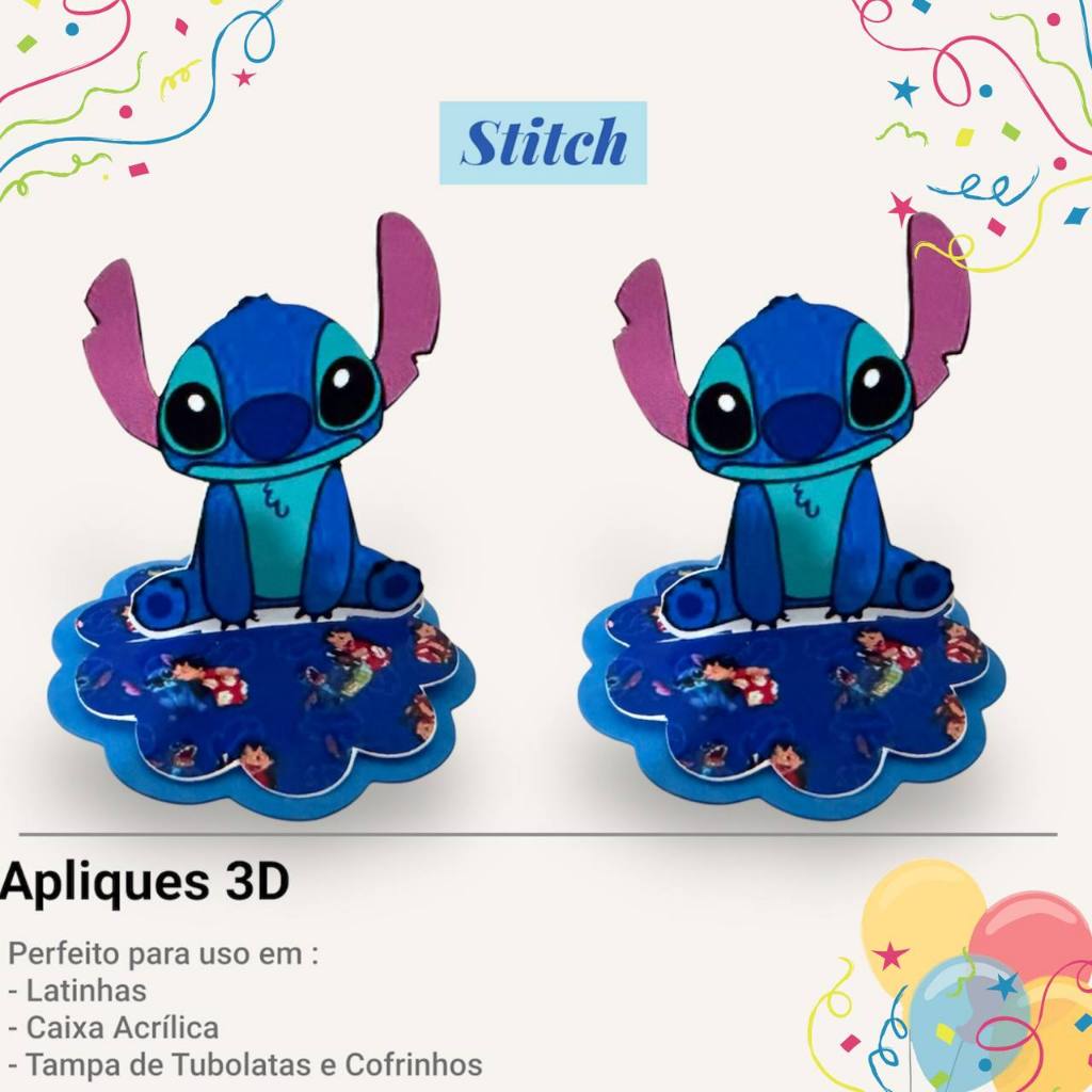 Kit Aplique 3D Personalizado 20 e 40 und TAG em camadas STITCH  p/ uso em  Latinhas e Caixa Acrílica