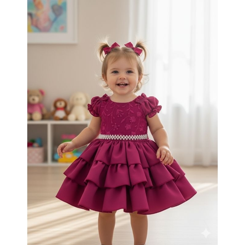 Vestido Bebê Rosa com Estampa Floral e Pérolas – Perfeito para Aniversário ou Batizado em Oferta na Shopee